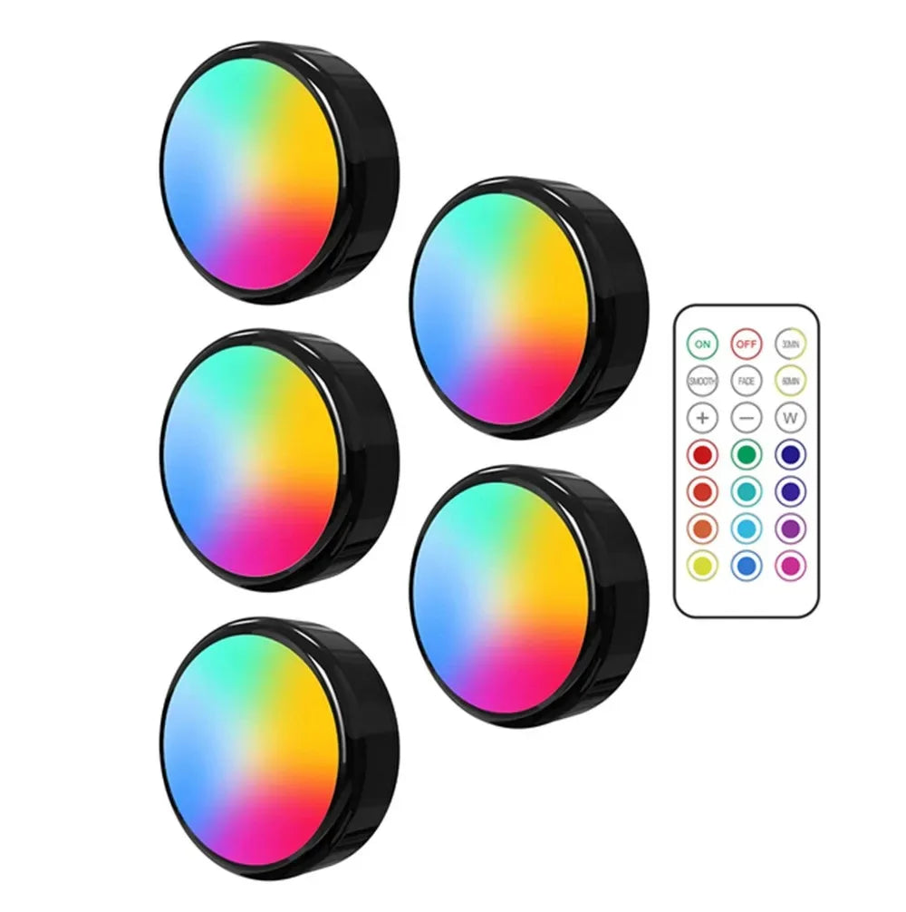 RGB LED Puck Lights – Wireless Remote Under Cabinet Lights (Dimmable, Battery Powered)
