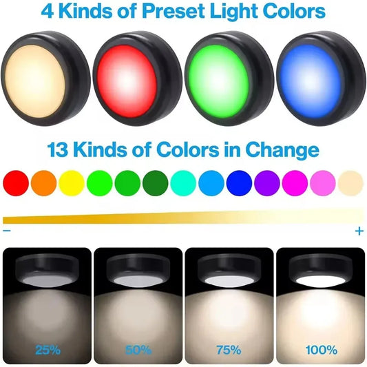 RGB LED Puck Lights – Wireless Remote Under Cabinet Lights (Dimmable, Battery Powered)