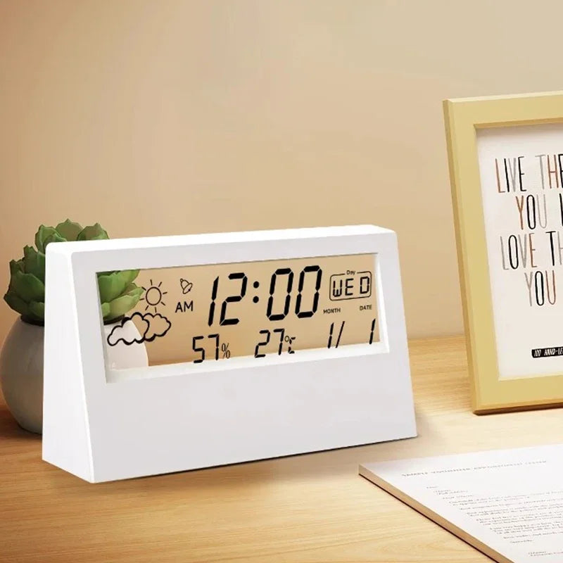 Smart LCD Alarm Clock – Digital Weather, Temperature & Humidity Display
