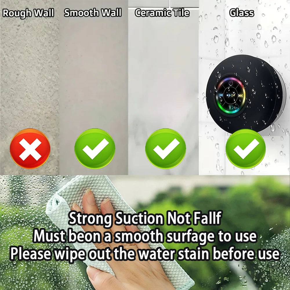 Waterproof Bluetooth Shower Speaker with Suction Cup & LED Light