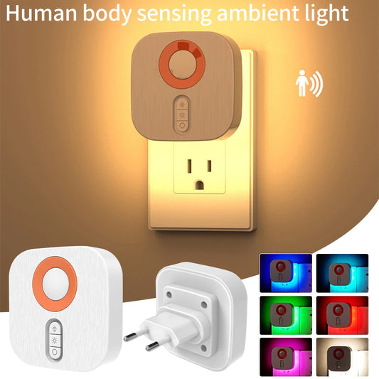Motion Sensor LED Night Light – Auto On/Off Plug Lamp (7 Colors, Dimmable)