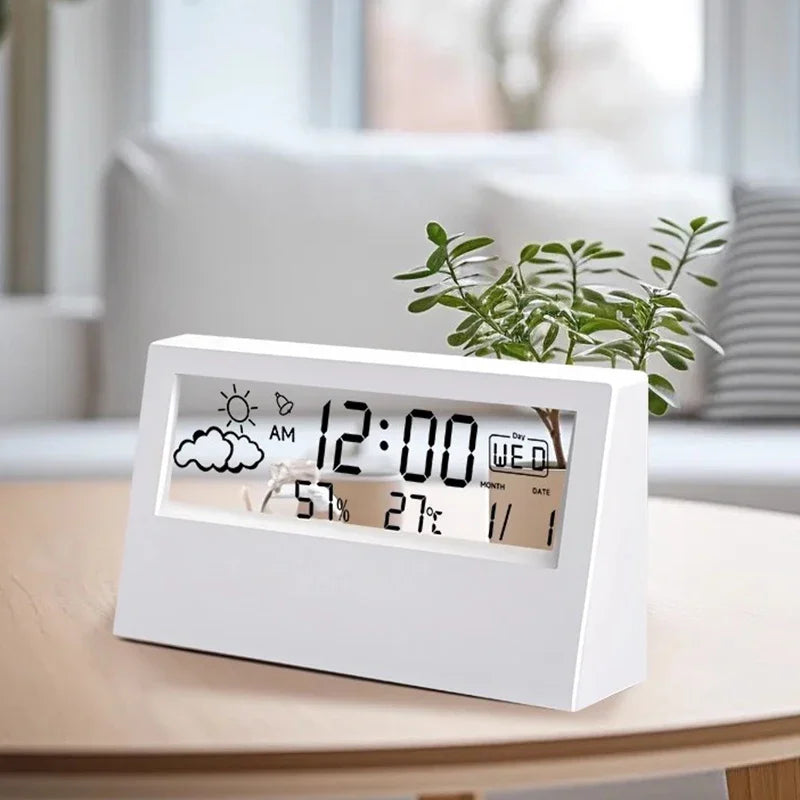 Smart LCD Alarm Clock – Digital Weather, Temperature & Humidity Display