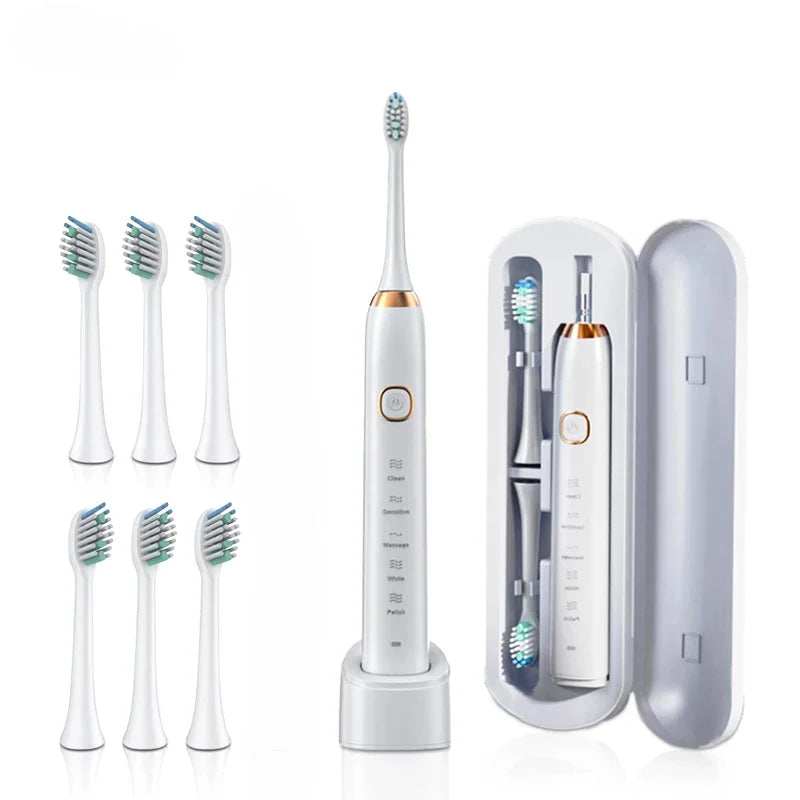 Sonic Electric Toothbrush – 6 Brush Heads, Waterproof, Rechargeable (5 Modes)
